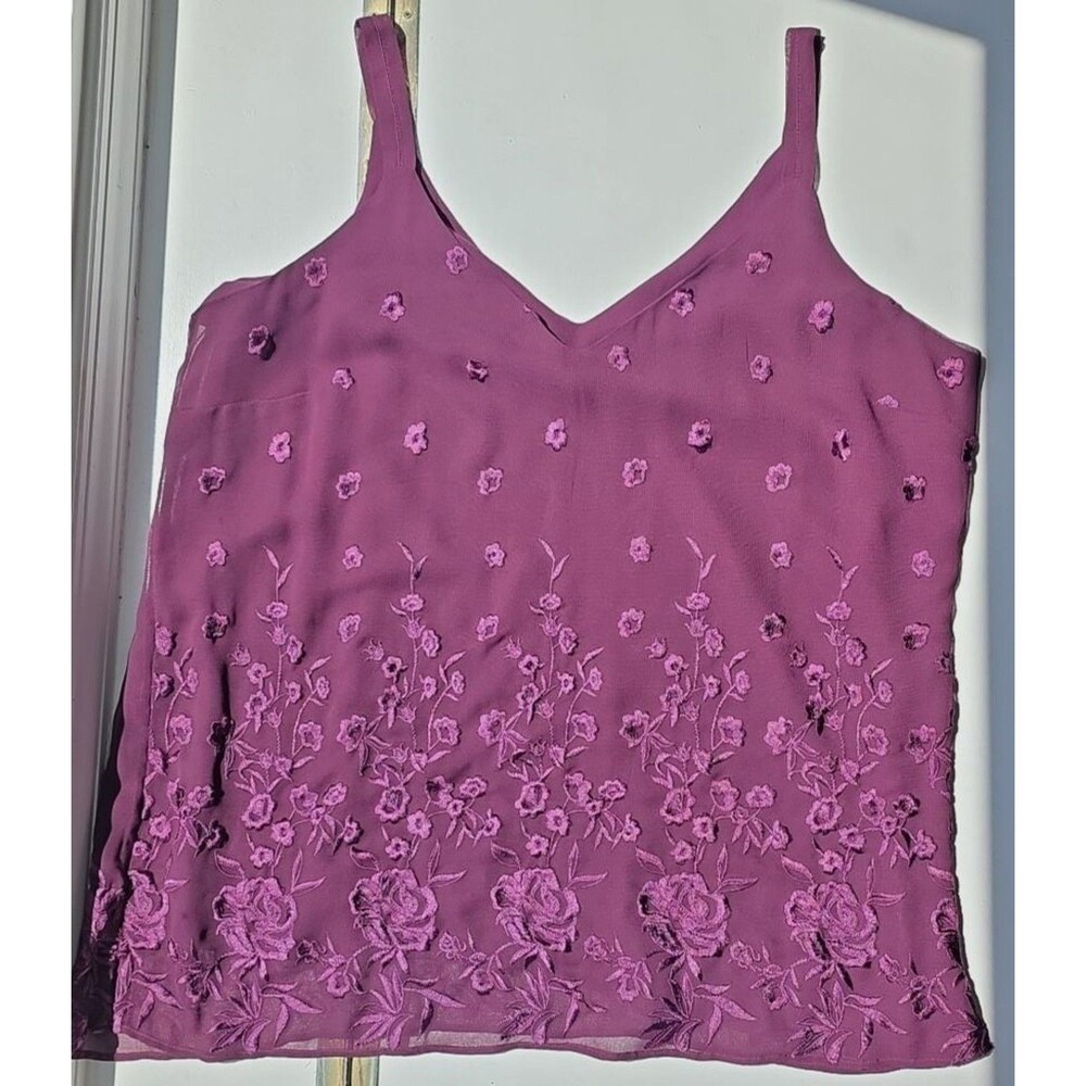 WHBM Tank Top Floral Embroidered w/ Sheer Layer Romantic Feminine Boho Purple L
